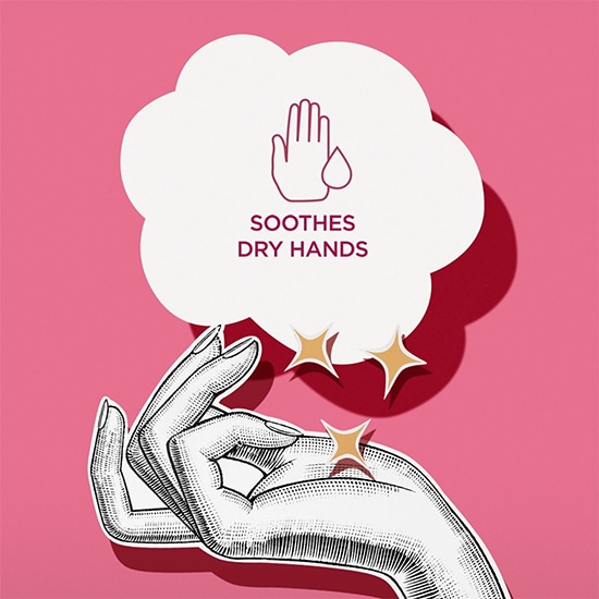 Na różowym tle dłoń w stylu vintage, nad nią obłoczek z ikoną dłoni i kropli oraz napisem: Łagodzi suche dłonie.