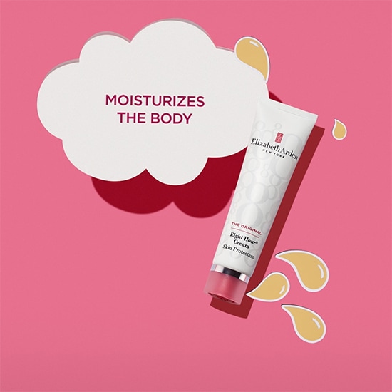 Na różowym tle leży biała tuba kremu Elizabeth Arden Eight Hour Cream, obok której znajduje się obłoczek z napisem: „Nawilża ciało”.