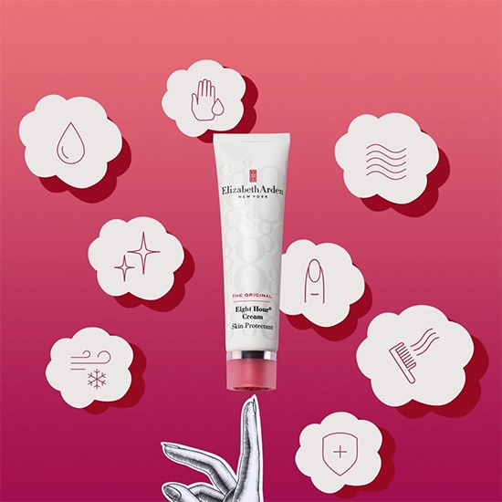 Krem Elizabeth Arden Eight Hour w białym opakowaniu z różowymi akcentami, otoczony ikonami symbolizującymi jego wszechstronne zastosowanie na tle w odcieniach różu.