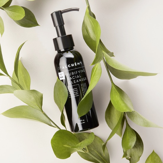Czarna butelka D'ALCHÉMY Purifying Facial Cleanser z pompką otoczona zielonymi liśćmi na białym tle.