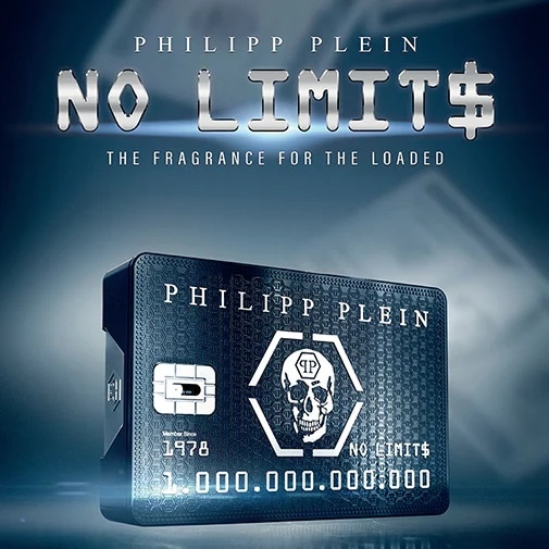 Perfumy Philipp Plein No Limits w czarnym flakonie w kształcie karty kredytowej z czaszką i napisem No Limits, zapach dla ludzi sukcesu.