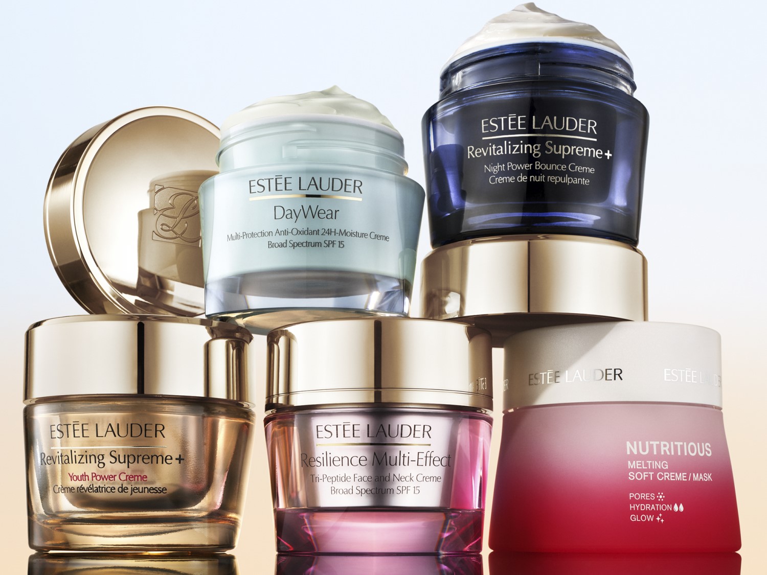 Różne kremy Estée Lauder, w tym DayWear z SPF 15, Revitalizing Supreme+ na dzień i na noc, Resilience Multi-Effect i Nutritious Melting Soft Creme/Mask.