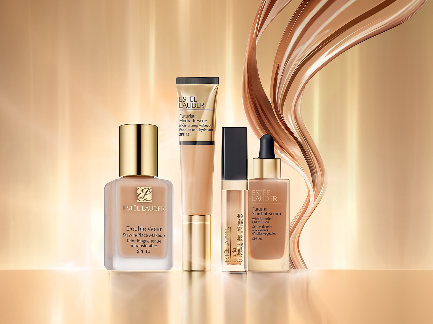 Kolekcja kosmetyków Estée Lauder w odcieniach beżu i złota, w tym podkład Double Wear Stay-in-Place Makeup SPF 10, Futurist Hydra Rescue SPF 45 i SkinTint Serum SPF 20.
