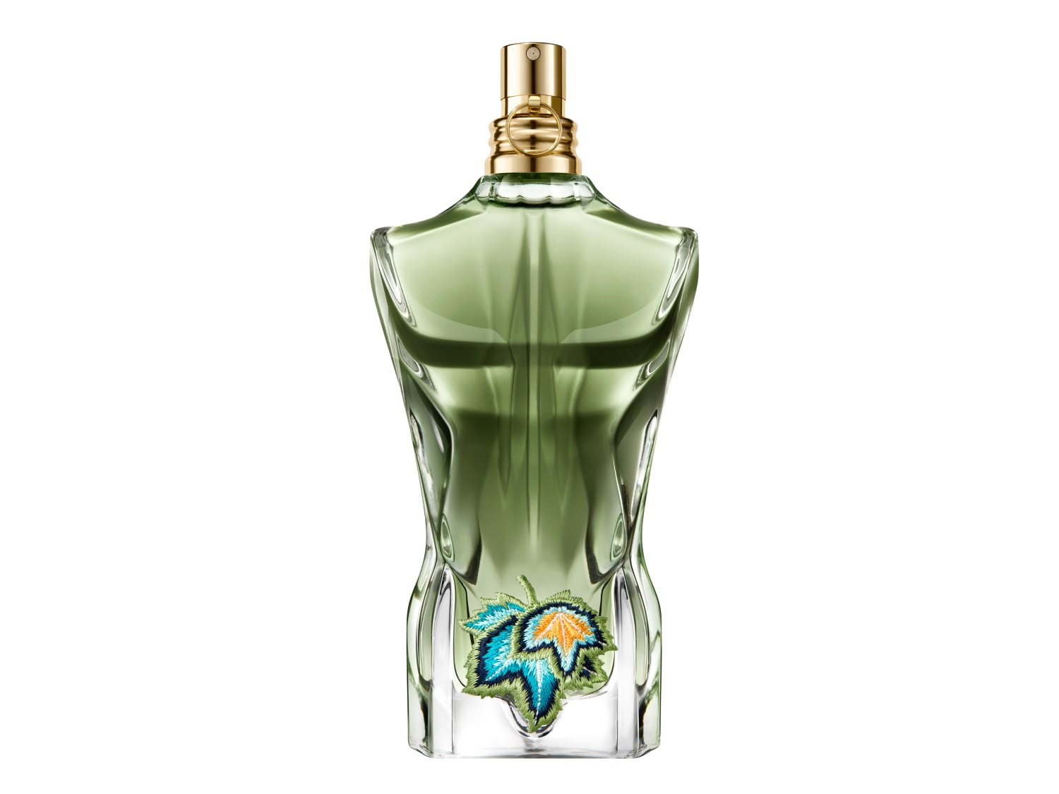 Zöld üvegben férfi torzó alakú parfüm, alján hímzett kék-narancssárga levéllel.