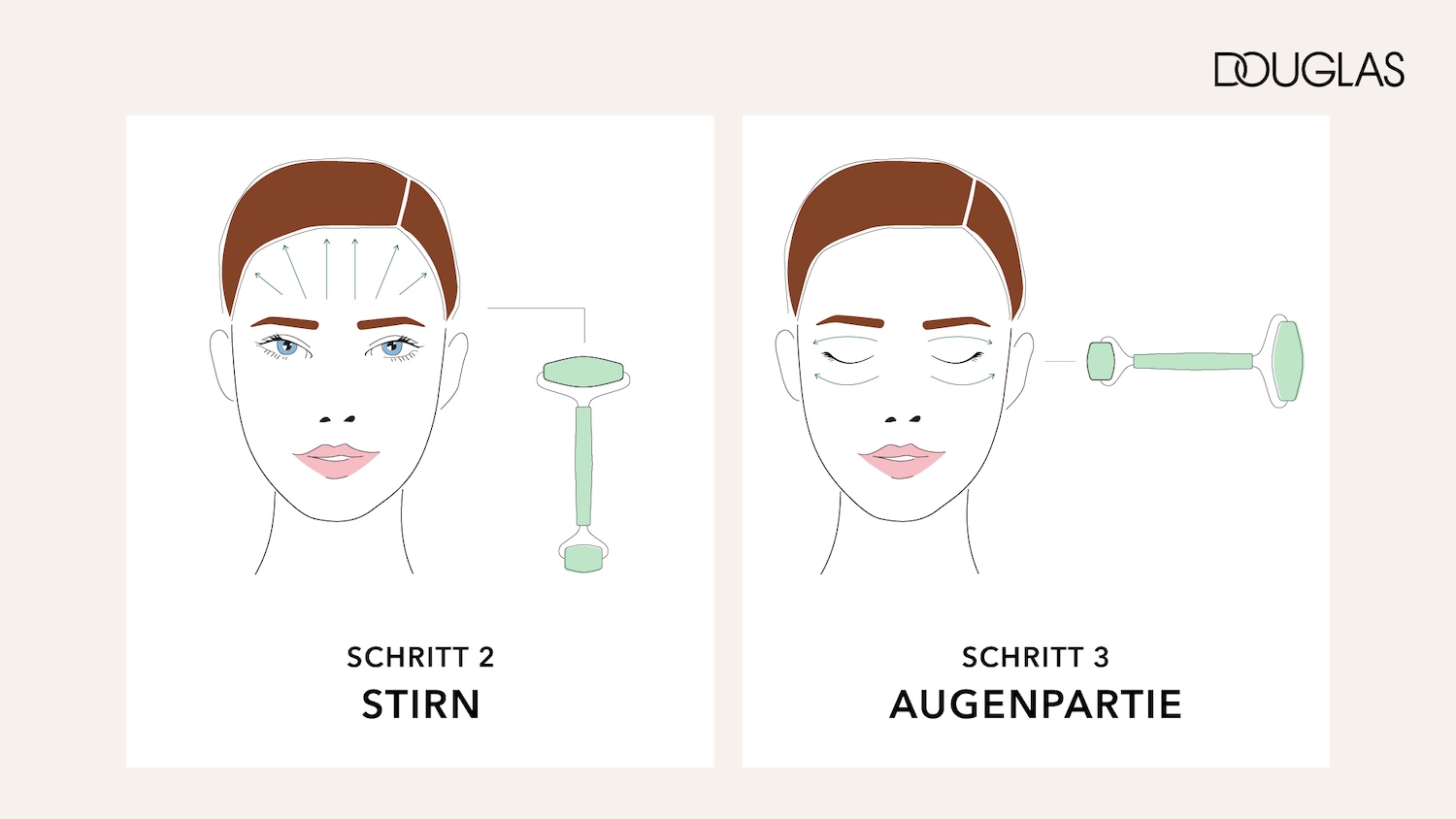 Eine Illustration zeigt, wie man eine Jadewalze auf der Stirn und um die Augenpartie verwendet, um die Haut zu pflegen.