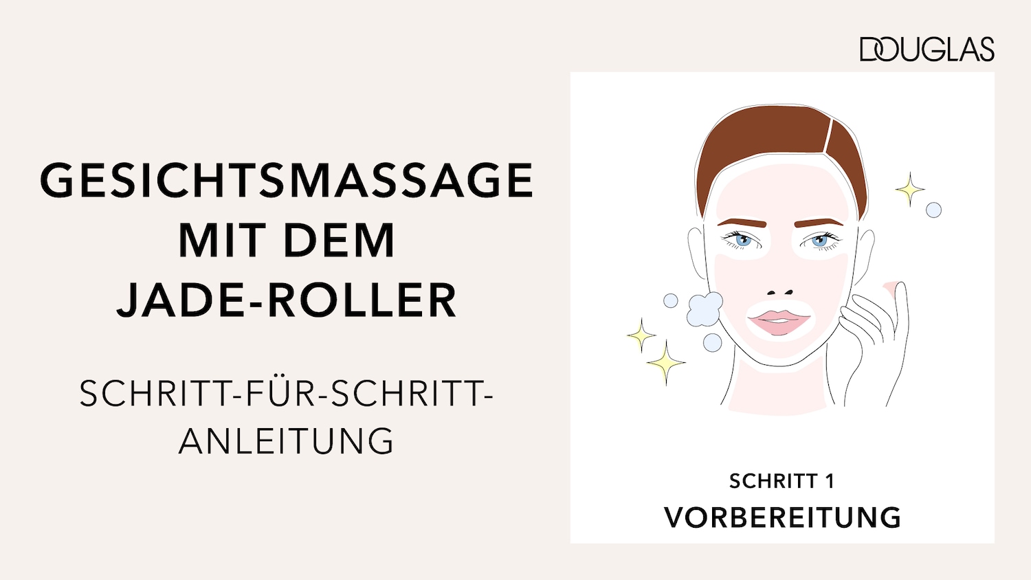 Gesichtsmassage mit dem Jade-Roller Schritt-für-Schritt-Anleitung, Schritt 1 Vorbereitung, Illustration einer Frau mit gereinigtem Gesicht, bereit für die Massage.