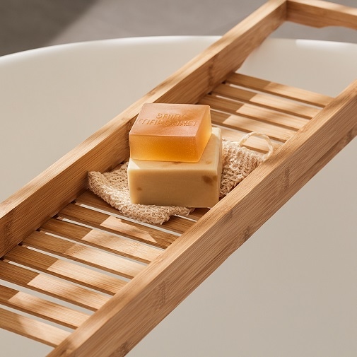 Na drewnianej półce nad wanną leżą dwa kwadratowe mydła w odcieniach beżu i bursztynu oraz beżowa myjka.