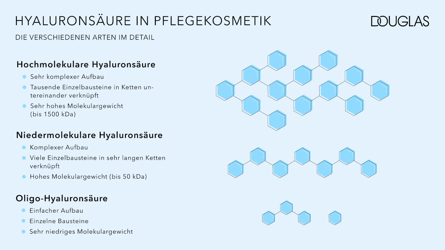 Die Grafik von Douglas zeigt Hyaluronsäure in Pflegekosmetik im Detail, einschließlich hochmolekularer, niedermolekularer und Oligo-Hyaluronsäure.