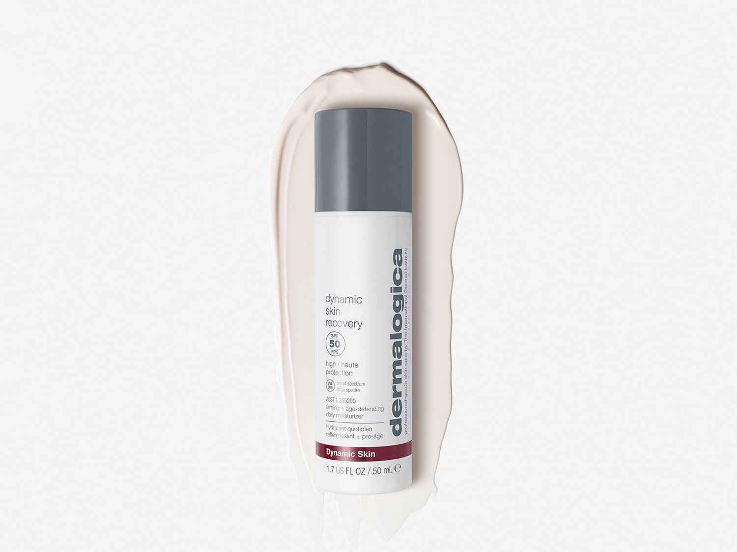 De Dermalogica Dynamic Skin Recovery SPF 50 in een witte fles met een grijze dop, omringd door een crèmekleurige crème, biedt een hoge bescherming en een dagelijkse hydratatie.