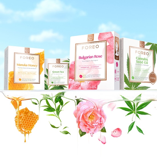 Kolekcja maseczek do twarzy FOREO: Manuka Honey, Green Tea, Bulgarian Rose i Cannabis Seed Oil, każda z nich oferuje unikalne właściwości pielęgnacyjne.