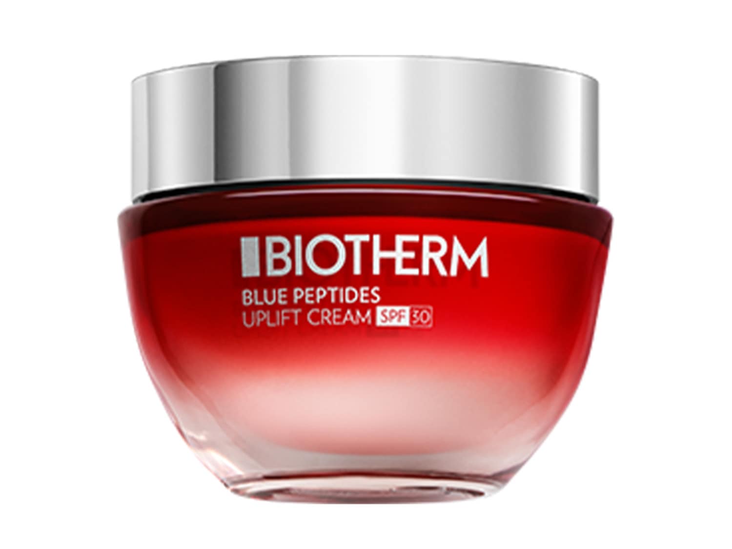Aquí está el tarro de crema Biotherm Blue Peptides Uplift Cream SPF 30, con un envase rojo degradado y tapa plateada.