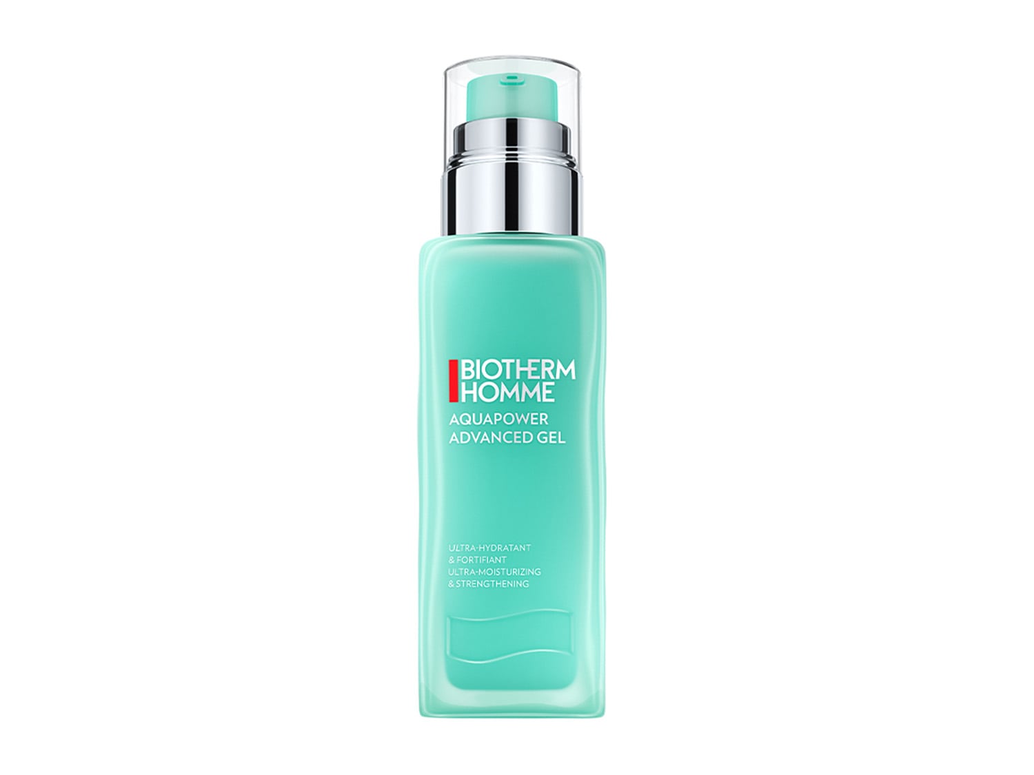 Aquí tienes un gel avanzado Aquapower de Biotherm Homme, ultra hidratante y fortificante, en un envase cuadrado azul verdoso con un dispensador plateado.