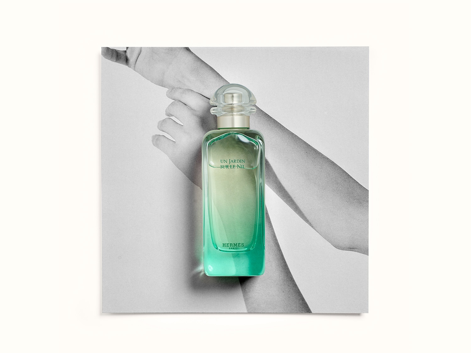 El frasco de perfume rectangular de Hermès, con un degradado de verde a amarillo, evoca la frescura de un jardín a orillas del Nilo.