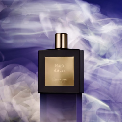 Czarny flakon perfum Black Datura Miller Harris z złotą etykietą na tle fioletowych i białych smug.