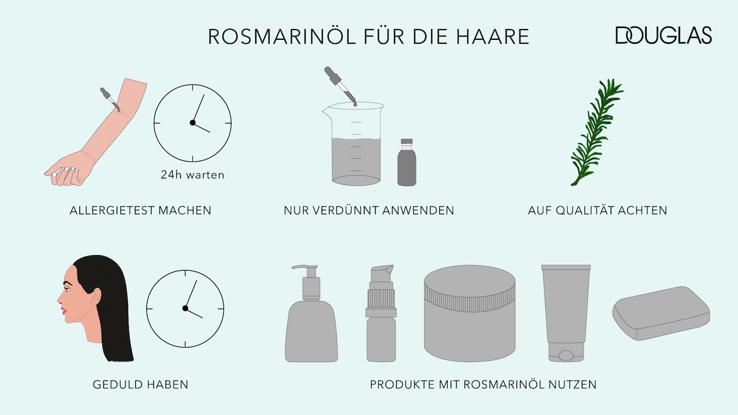 Illustration zur Anwendung von Rosmarinöl für die Haare von Douglas, einschließlich Allergietest, Verdünnung, Qualität, Geduld und die Verwendung von Produkten mit Rosmarinöl.