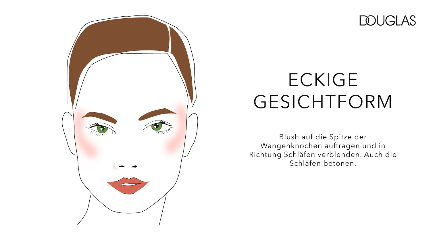 Illustration eines Frauengesichts mit braunen Haaren, grünen Augen und roten Lippen, mit Rouge auf den Wangenknochen, um eine eckige Gesichtsform hervorzuheben.