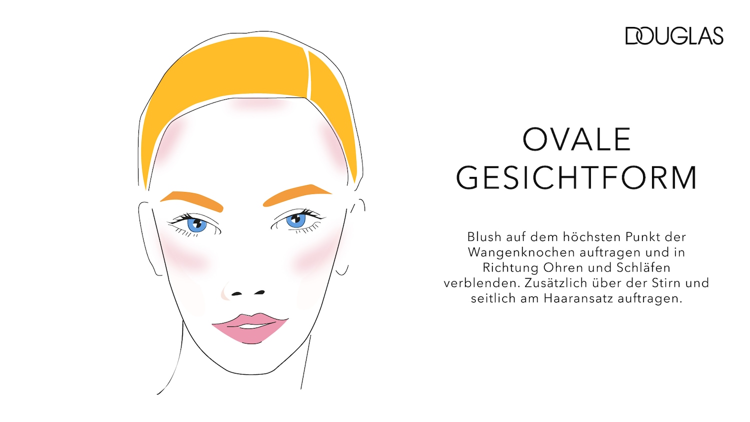 Illustration einer Frau mit ovalem Gesicht, aufgetragenem Rouge und blonden Haaren, daneben steht geschrieben, wie man Rouge aufträgt.