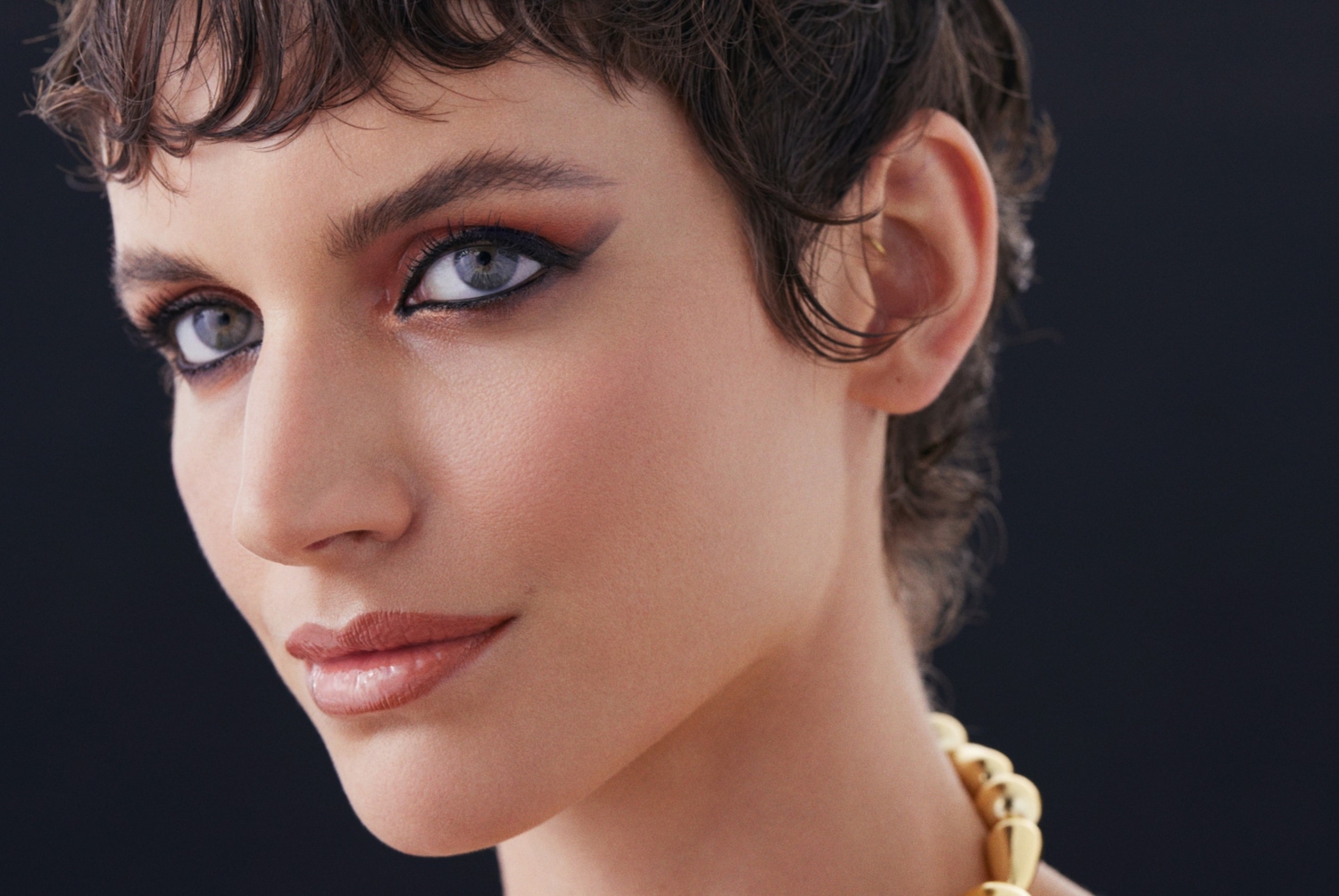 Nahaufnahme eines Frauengesichts mit braunem Lidschatten, schwarzem Eyeliner und glänzenden Lippen, dazu eine goldene Halskette.