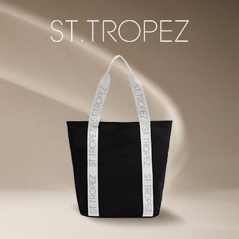Czarna torba ST.TROPEZ z białymi uchwytami z napisem marki, idealna na zakupy lub plażę.