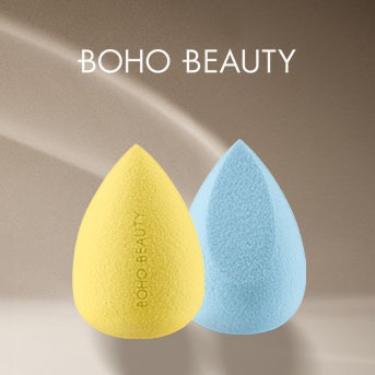 Dwie gąbki do makijażu Boho Beauty: żółta i niebieska, idealne do nakładania kosmetyków.
