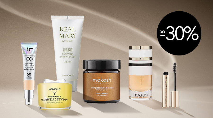 Różnorodność produktów do pielęgnacji skóry i włosów, w tym kremy, maski i szampony od marek takich jak Real Mary, It Cosmetics i Yonelle.