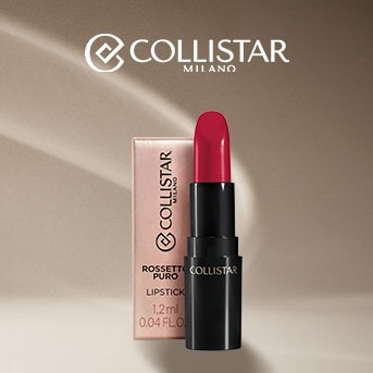 Szminka Collistar Rossetto Puro w czarnym opakowaniu z różową zawartością, obok znajduje się pudełko w kolorze różowego złota z logo Collistar Milano.