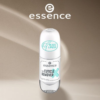 Butelka Essence The Cuticle Remover z białą zakrętką i przezroczystą dolną częścią, etykieta w kolorze morskim z napisem "15 sec & push".