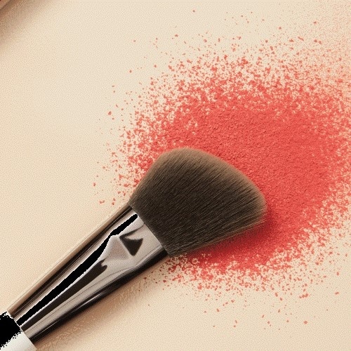 Brocha de maquillaje con mango plateado y cerdas marrones, sobre un fondo beige con polvo de color coral.