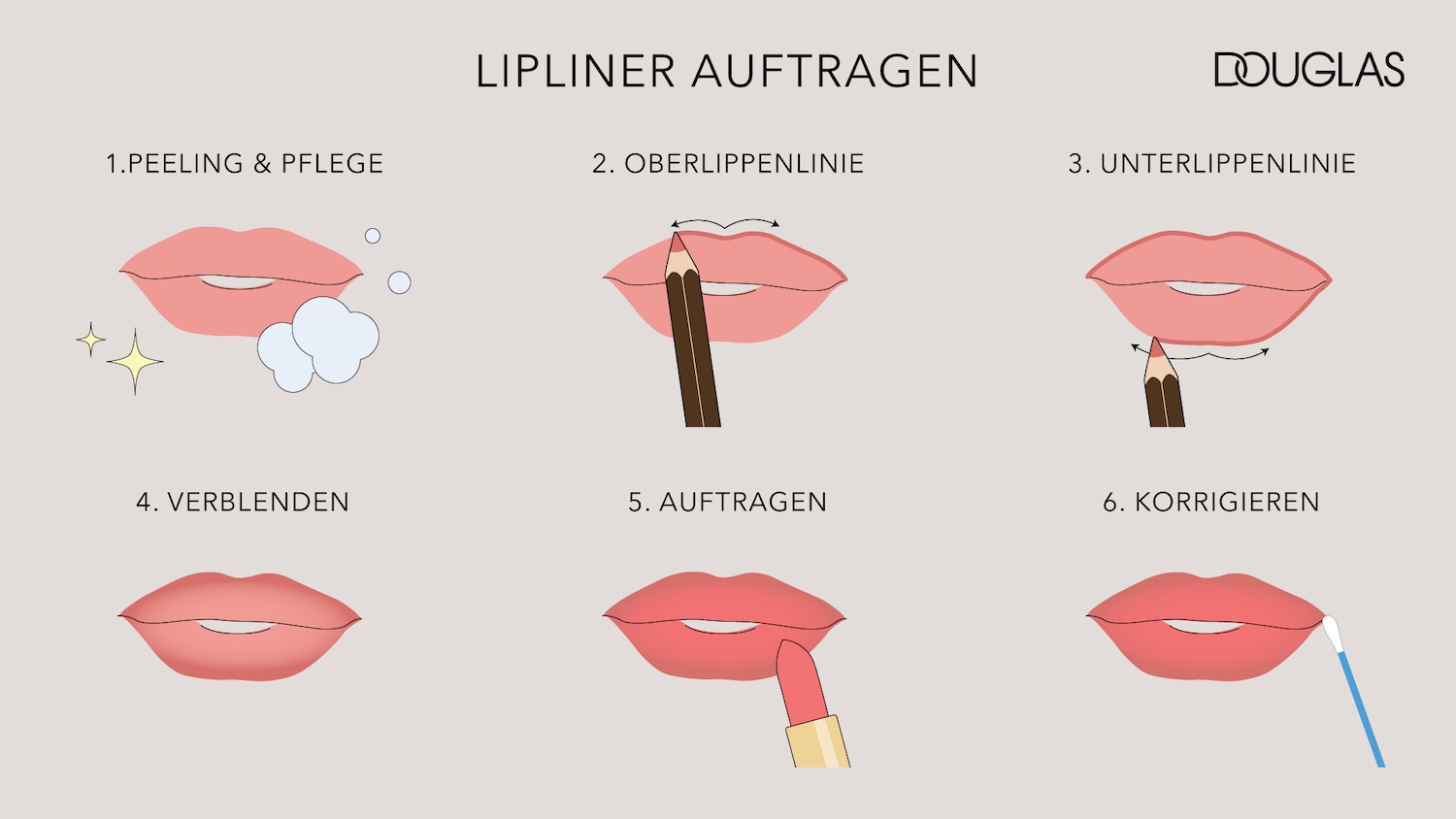 Lippen-Make-up-Tutorial von Douglas: Schritt 1 – Peeling und Pflege für weiche Lippen.