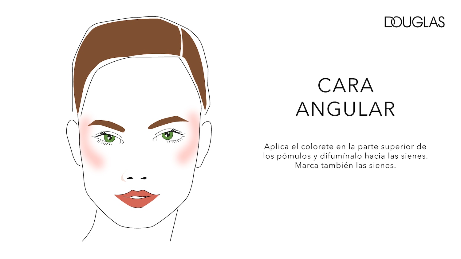 Illustration shows how to apply blush to an angular face: apply blush to the upper part of the cheekbones and blend towards the temples, also mark the temples, as indicated by Douglas.