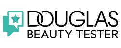 Das Douglas Beauty Tester Logo zeigt ein blaugrünes Sprechblasensymbol mit einem Stern darin, gefolgt vom Schriftzug "DOUGLAS BEAUTY TESTER" in Schwarz.