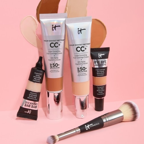 Entdecke IT Cosmetics: CC+ Color Correcting Full Coverage Cream mit Anti-Aging Hydrating Serum und LSF 50+ sowie Bye Bye Under Eye Full Coverage Waterproof Concealer für ein makelloses Finish.