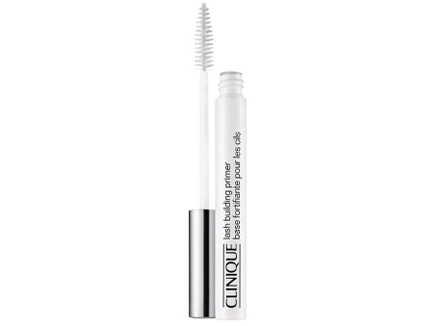 Clinique Lash Building Primer in einer weiße Tube mit silbernem Deckel und einem weißen Bürstchen.
