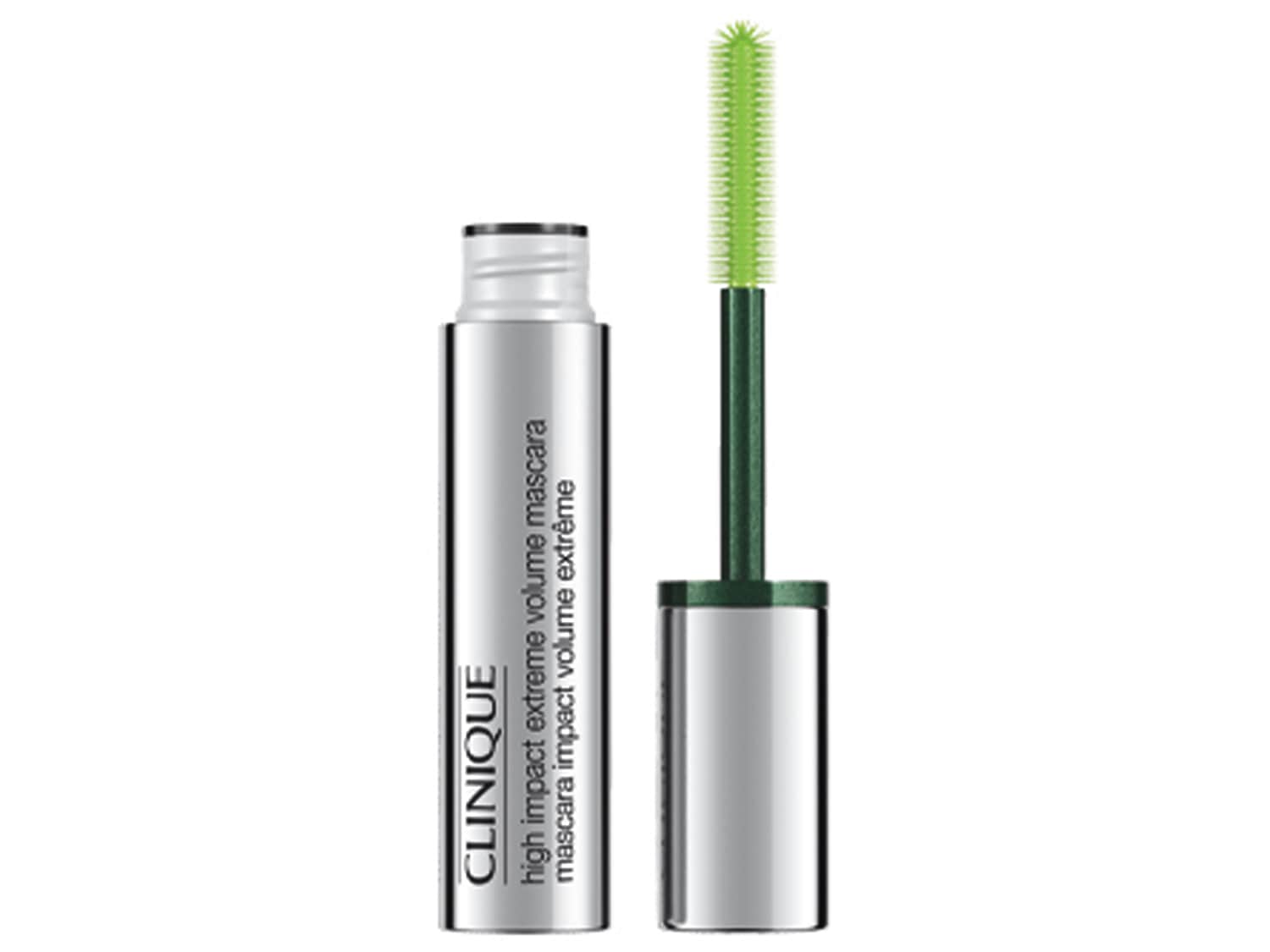 Clinique High Impact Extreme Volume Mascara in silberner Verpackung mit grünem Bürstchen für einen intensiven Augenaufschlag.