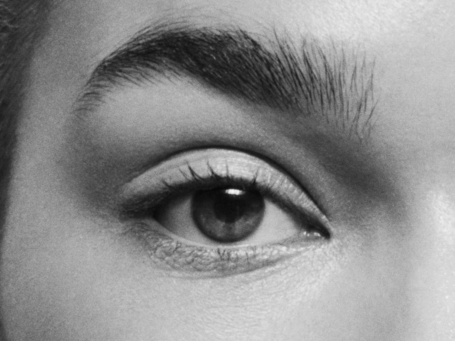 In primo piano, l'occhio di una donna con sopracciglia folte e ben curate, che mette in risalto la bellezza naturale.