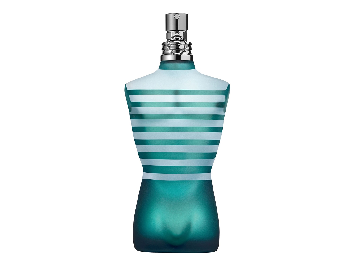 Ein Flakon Le Male Eau de Toilette in Form eines männlichen Torsos mit blau-weiß gestreiftem Hemd und silbernem Verschluss.
