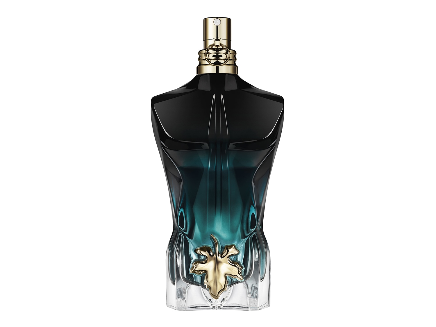 Eine Jean Paul Gaultier Le Beau Eau de Toilette Flasche in Form eines männlichen Oberkörpers, die von Schwarz zu Türkis verläuft und mit einem goldenen Feigenblatt verziert ist.