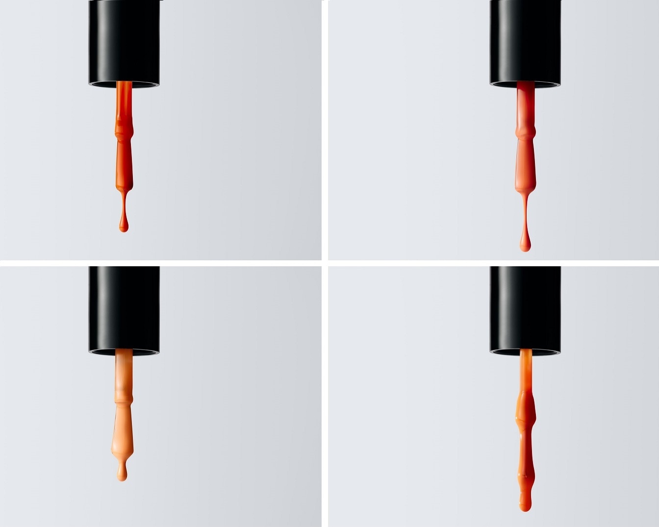 Nahaufnahme von Nagellacktropfen in verschiedenen Orangetönen, die von einem schwarzen Pinsel heruntertropfen und die Farbvielfalt hervorheben.