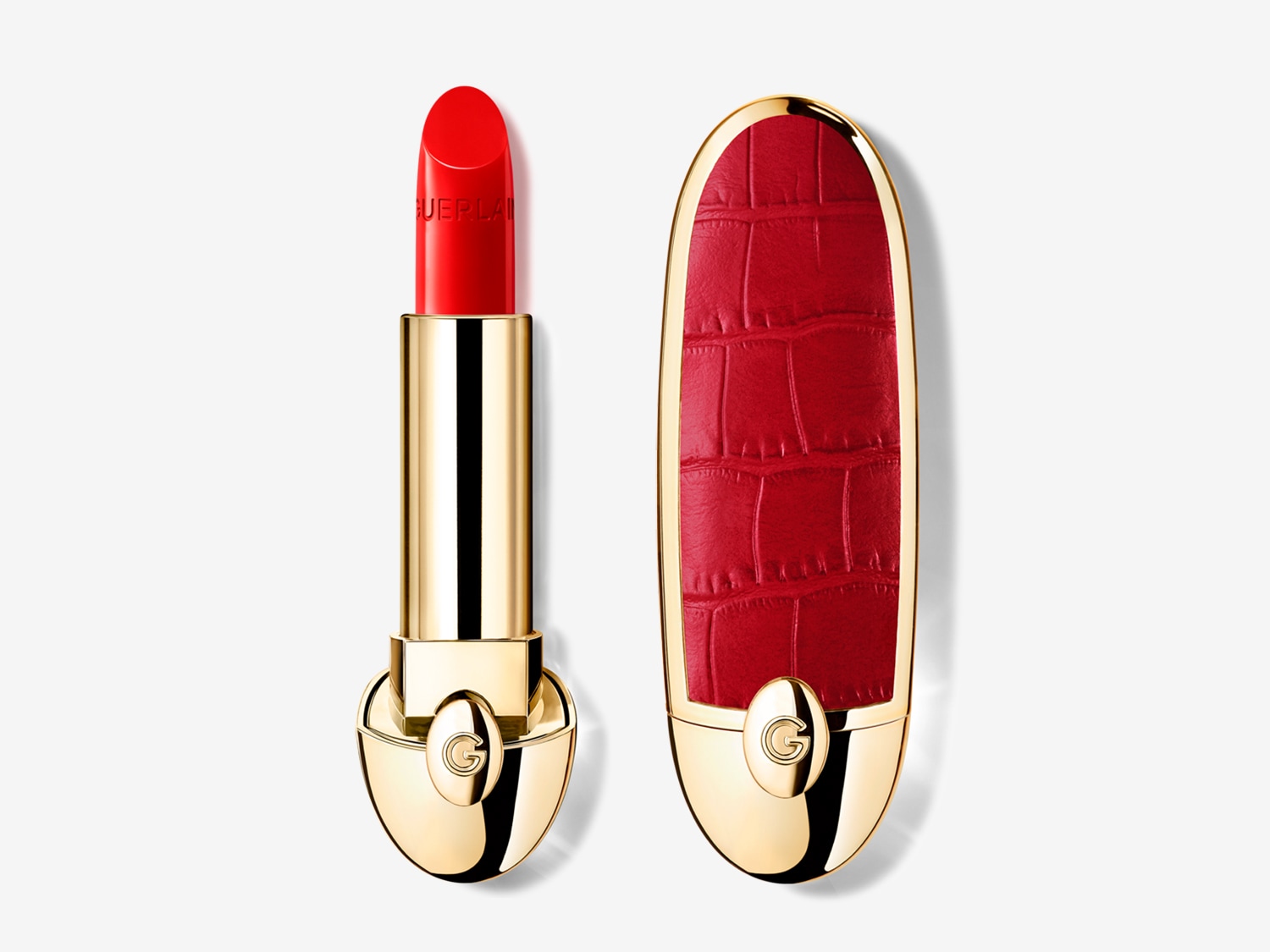 Dieser Lippenstift von Guerlain hat eine rote Farbe und eine goldene Hülle, die Eleganz und Stil ausstrahlt.