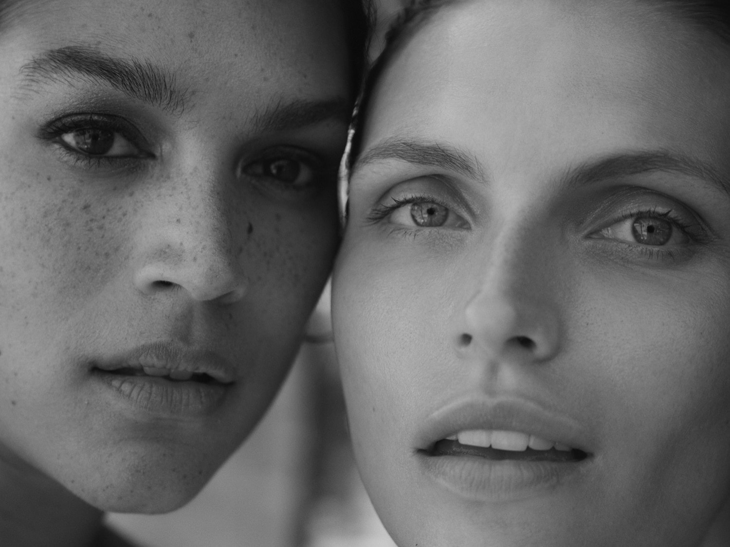 Schwarz-Weiß-Porträt zweier Frauen mit unterschiedlichen Hauttönen, die ihre Gesichter aneinander lehnen und einen intimen und natürlichen Moment einfangen.