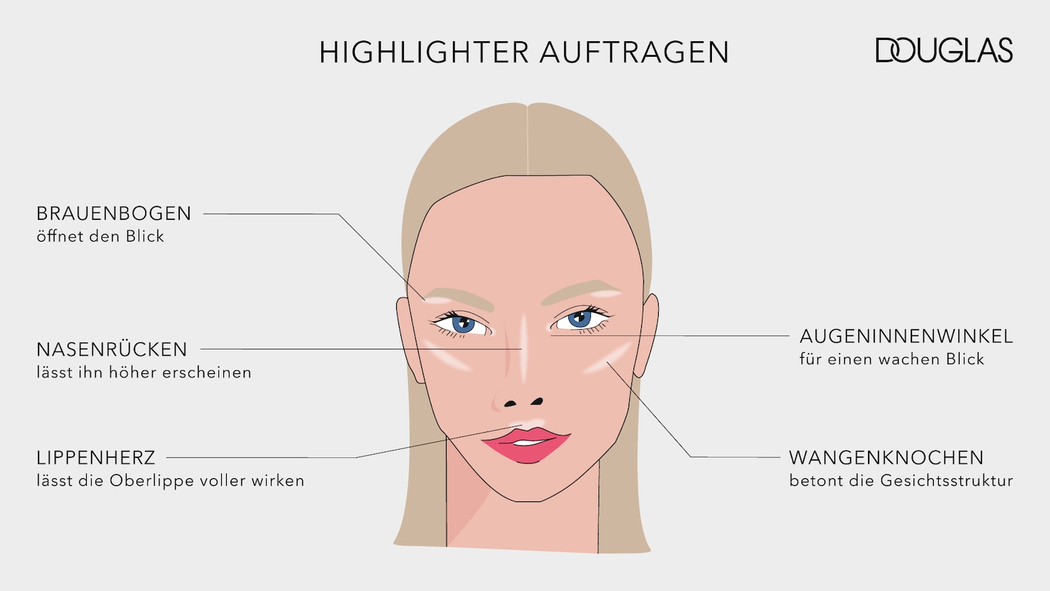Eine Illustration zeigt, wie man Highlighter aufträgt, um den Brauenbogen zu öffnen, den Nasenrücken höher erscheinen zu lassen, die Lippen voller wirken zu lassen, die Augen wacher wirken zu lassen und die Wangenknochen zu betonen.