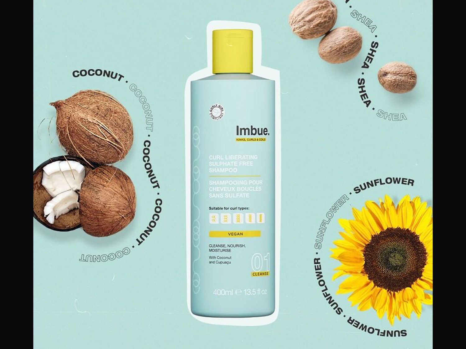 Le shampooing sans sulfate Imbue Curl Liberating, enrichi en noix de coco, beurre de karité et tournesol, nettoie en douceur, nourrit et hydrate les cheveux bouclés, frisés et crépus.