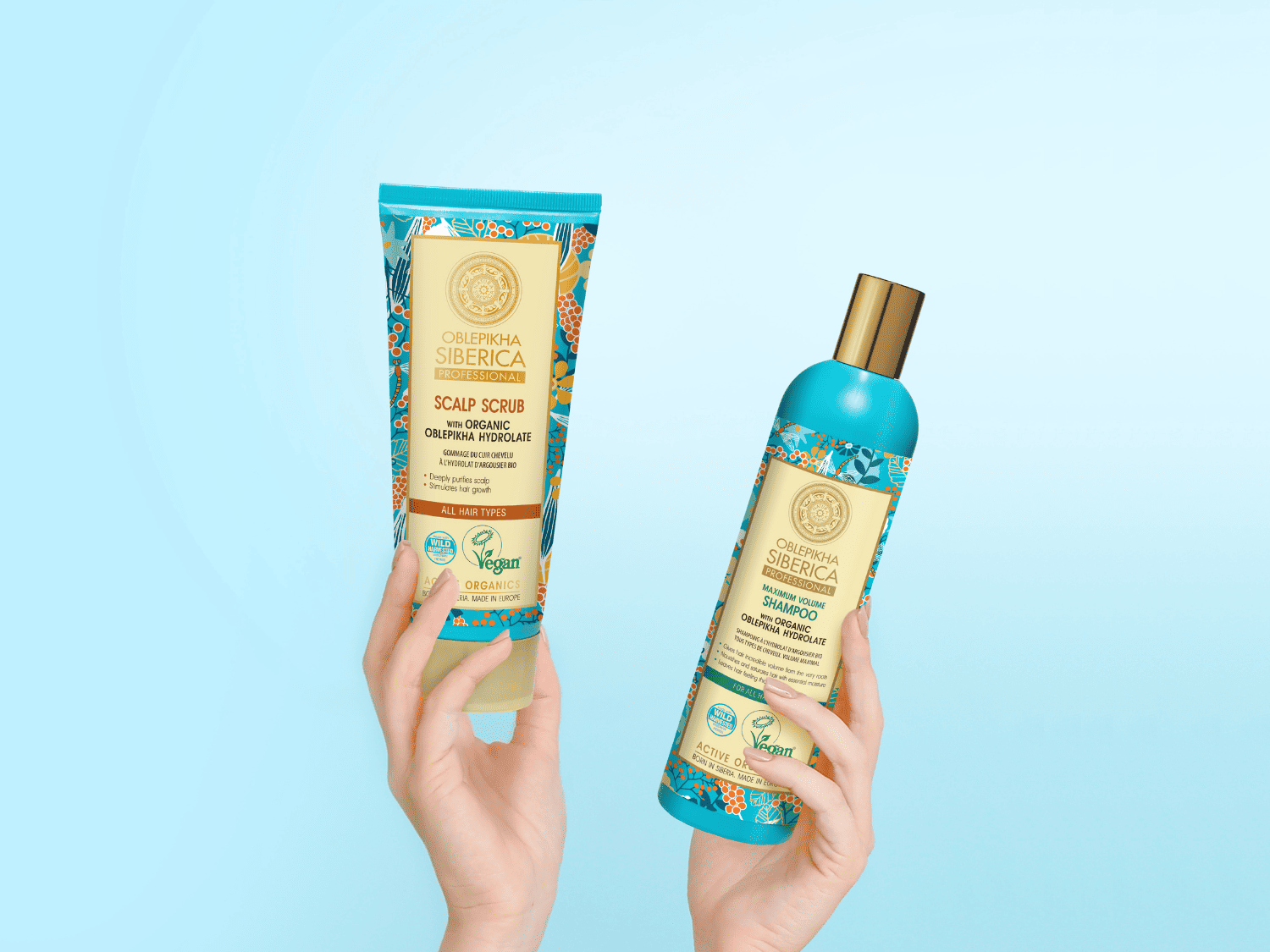 Voici un gommage du cuir chevelu et un shampooing volume maximum d'Oblepikha Siberica Professional, tous deux enrichis en hydrolat d'argousier bio, présentés dans des emballages aux motifs floraux.