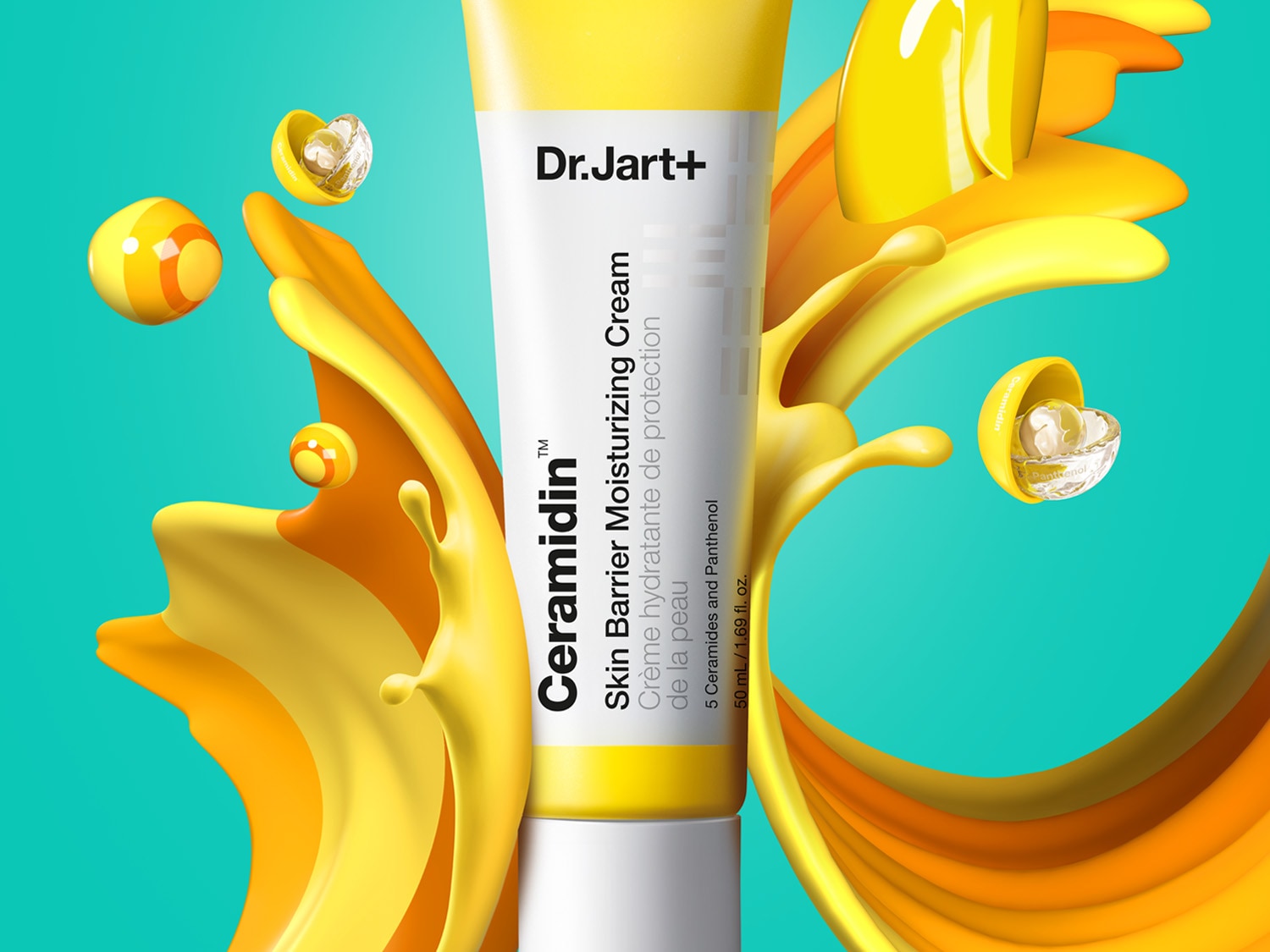 Nahaufnahme einer gelben Tube Dr.Jart+ Ceramidin™ Hautbarriere-Feuchtigkeitscreme mit gelben und orangefarbenen Farbtupfern auf blauem Hintergrund.