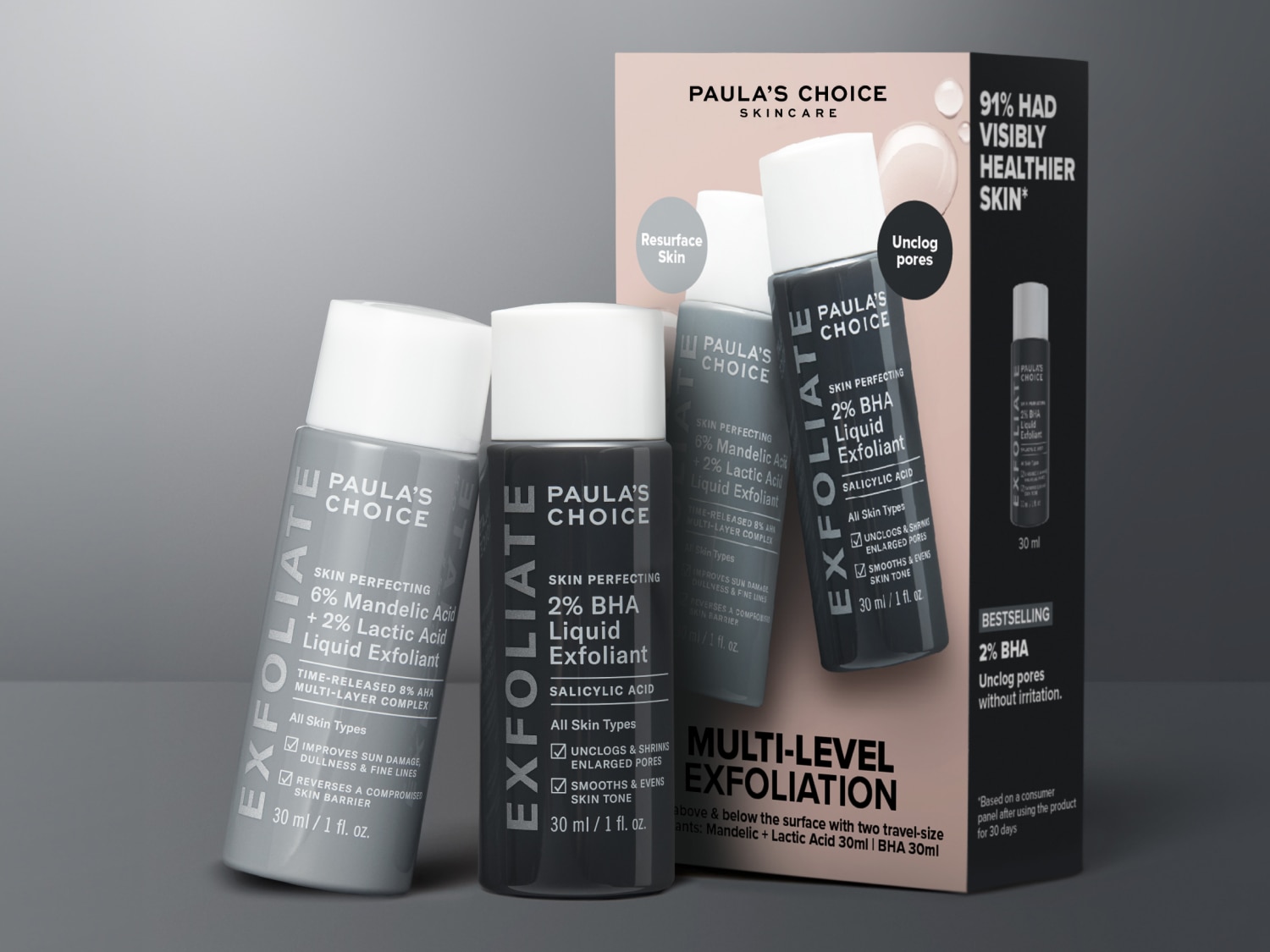 Paula's Choice Hautpflegeprodukte: 6% Mandelsäure + 2% Milchsäure und 2% BHA Liquid Exfolianten für verbesserte Hautgesundheit.