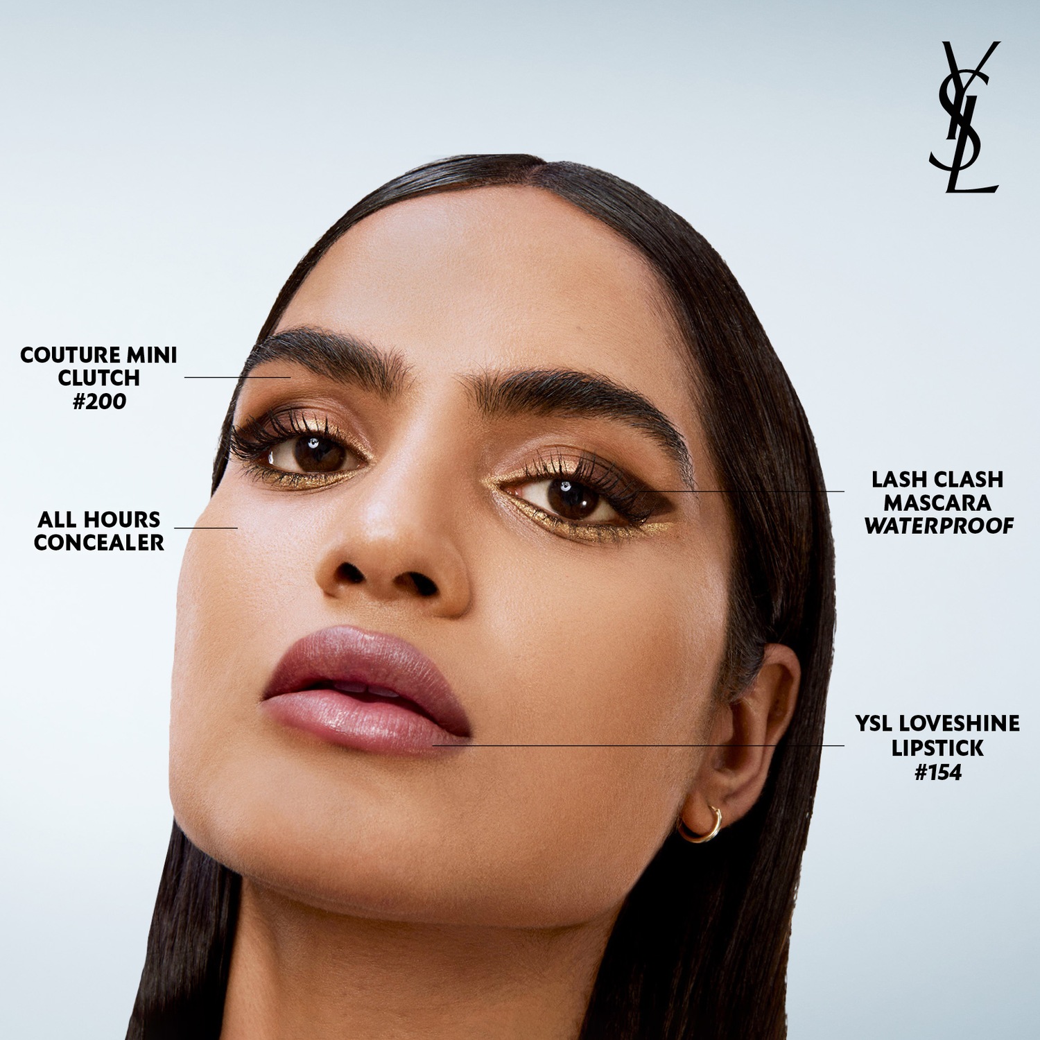 Close-up van een vrouw met gouden oogschaduw, mascara, concealer en YSL Loveshine lipstick #154, voor een complete make-up look.