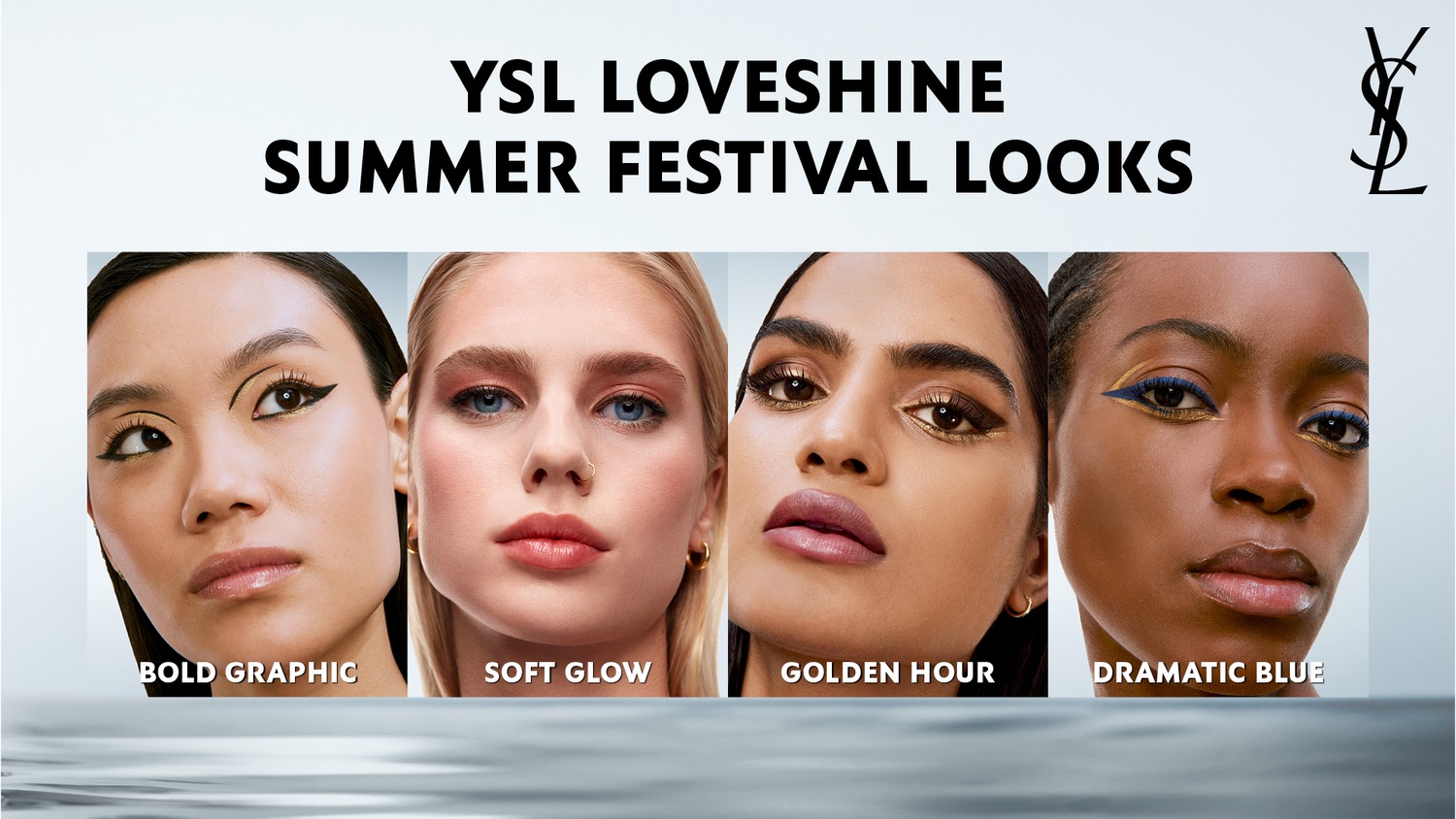 Ontdek YSL Loveshine Summer Festival Looks, met vier gezichten met make-up in de stijlen Bold Graphic, Soft Glow, Golden Hour en Dramatic Blue.