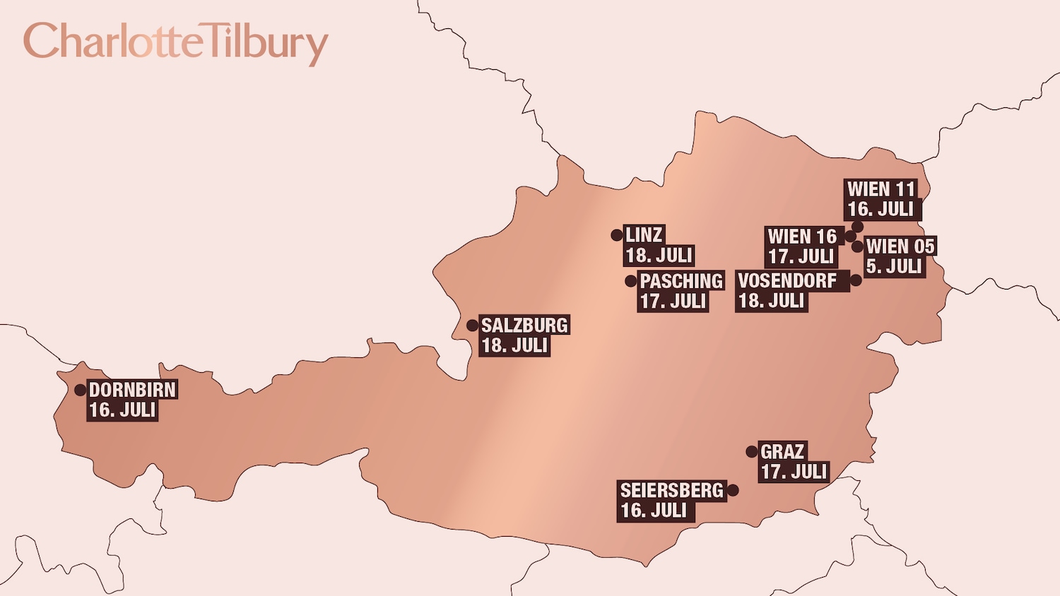 Eine Karte von Österreich mit den Standorten und Daten der Charlotte Tilbury-Veranstaltungen, einschließlich Wien, Salzburg und Graz.