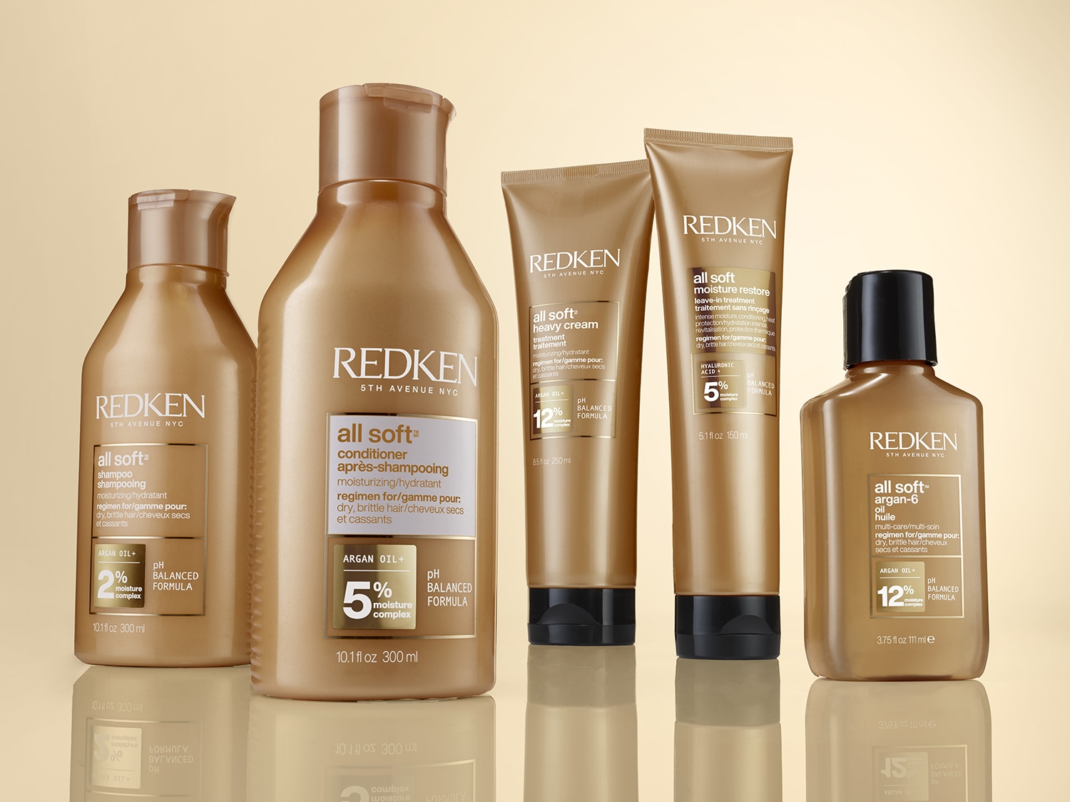 Découvrez la gamme Redken All Soft, comprenant le shampooing, l'après-shampooing, la crème et l'huile à l'argan pour cheveux secs et cassants, présentés dans des emballages dorés.