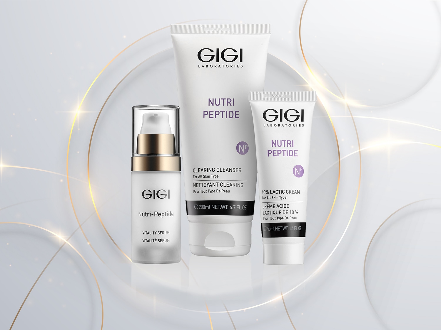 Zestaw kosmetyków GIGI Laboratories Nutri Peptide do pielęgnacji skóry, zawierający serum rewitalizujące, oczyszczający żel i krem z kwasem mlekowym, zapewniający kompleksową pielęgnację dla każdego rodzaju cery.